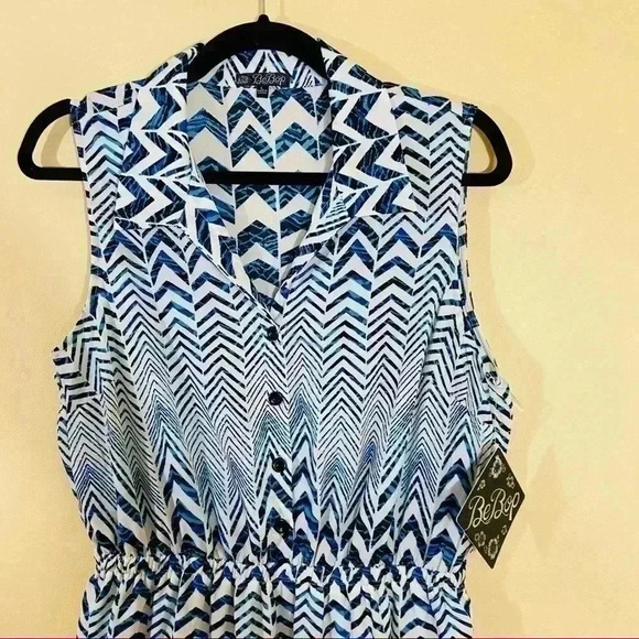 NWT BeBop Zig Zag Cinch Waist Sleeveless Quarter Button Mini Shirt Dress Size L - Picture 5 of 14